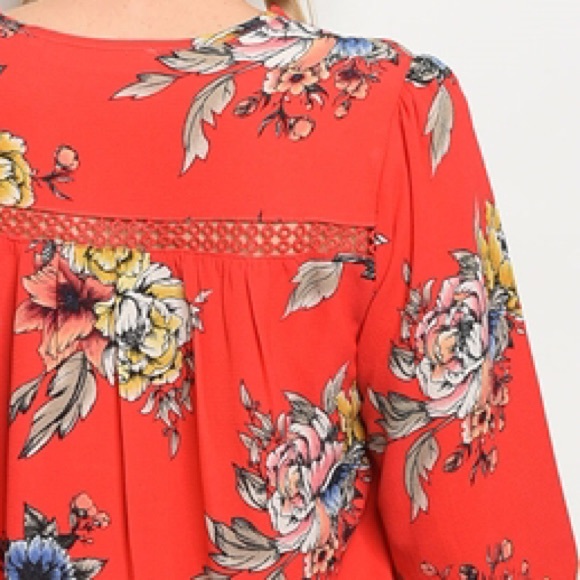 Coral Red Floral Peplum Long Sleeve Blouse - Picture 5 of 5
